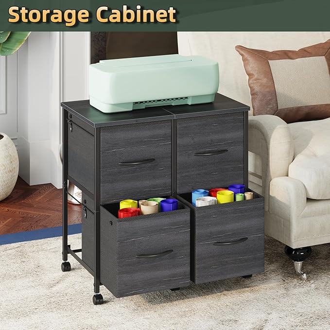 Lateral File Cabinet 4 Fabric Drawer, Mobile Filing Cabinet for Large Printer, Home Office Functional Office Storage Cabinet & Printer Stand, Fits A4/Letter Size, Charcoal Black Grain Print