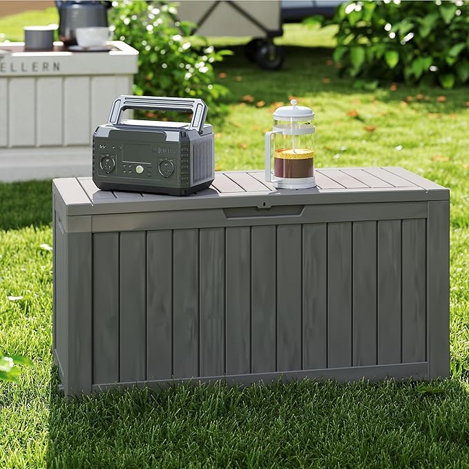 90 Gallon Lockable Resin Deck Box with Wheels, Waterproof & UV-Resistant Outdoor Storage Box for Outdoor Cushion Storage, Garden Tools & Pool Accessories Storage, Gray