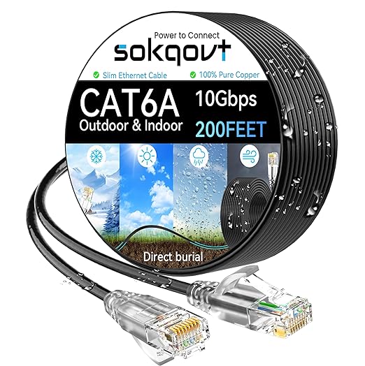 Cat6a Ethernet Cable Slim 200ft Outdoor&Indoor, 28AWG Pure Copper Cat6 Internet by Unknown