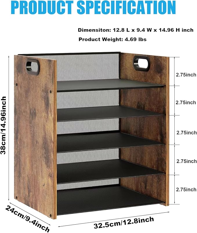 Wood Desk Organizer - 5-Tier Desktop File Organizer, Wooden Paper Tray, Office Desk Organzier and Accessories for Papers, Mail, Notebooks, Stationery
