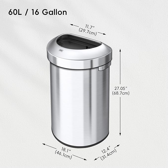 EKO Urban 16 Gallon Semi-Round Open Top Waste Bin, Stainless Steel Half Round Commercial Trash Can for Indoor and Outdoor, Extra Large Metal Garbage Bin for Home, Office, Restaurant, Restroom, 60L