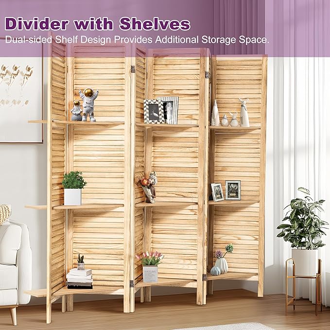 Room Divider with Shelves, 5.6FT Folding Room Divider Panel, 6 Panel Wood Partition Wall Divider for Room Separation, Natural Wood