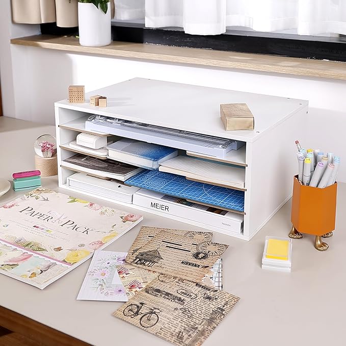 12x18 Construction Paper Organizer, 4-Tiers Paper Storage Shelf, Wooden Desk Organizer, File Holder and Letter Tray for Office, Home, Classroom