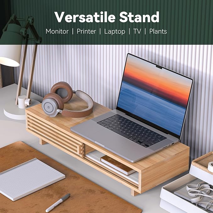 Monitor Stand Riser with Sliding Door, Computer Laptop Stand Desk Shelf Organizer with Storage (Natural Bamboo, 25 Inch)