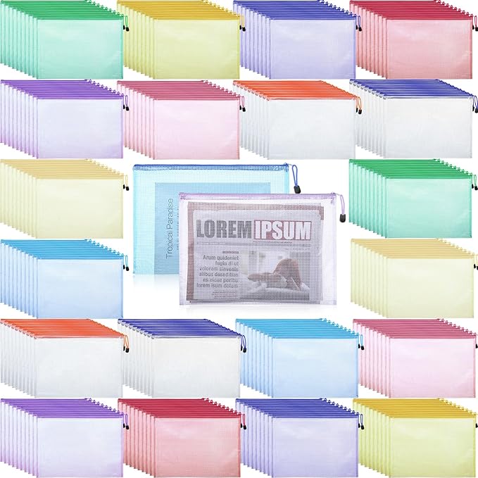 200 Pcs A4 Mesh Zipper Pouch Bulk Waterproof Mesh Zipper Organizer Plastic File Folder Case for School Office Supplies Document Board Games Puzzle(Colorful)