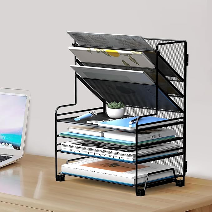 4-Tier Paper Organizer + 3-Pocket File Holder + Drawer + Pen Holders, Desktop File Organizers Paper Tray for Office Supplies School Classroom Organization (Black, No Drawer & Pen Holder)
