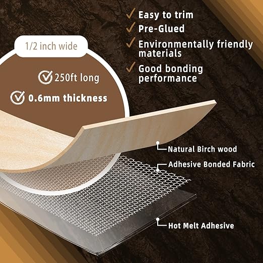 GSCIT Club Birch Edge Banding, 1/2 inch x 250ft roll of Veneer Edge Banding Preglued Flexible, Real Wood Tape Banding