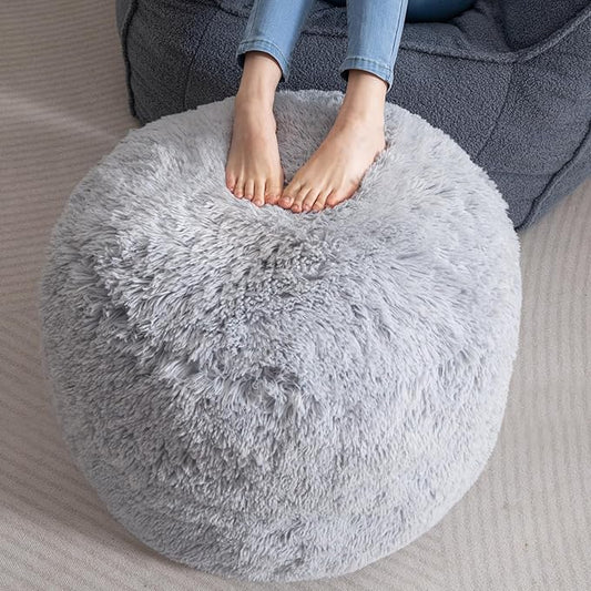 HIGOGOGO Round Stuffed Pouf Ottoman, Long Faux Fur Poufs with Foam Chunk Filling, Fluffy and Furry Pouf Foot Stool Storage Ottoman, 26 X 18 Floor Poufs Foot Rest for Living Room, Light Grey