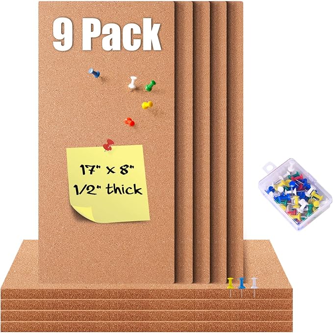 9 Pack Cork Bulletin Board 17"x8" - 1/2" Thick Cork Board Tiles,Self-Adhesive Frameless Cork Tiles Wall Decor with 50 PCS Pushpins for DIY, Office, School and Home Decor