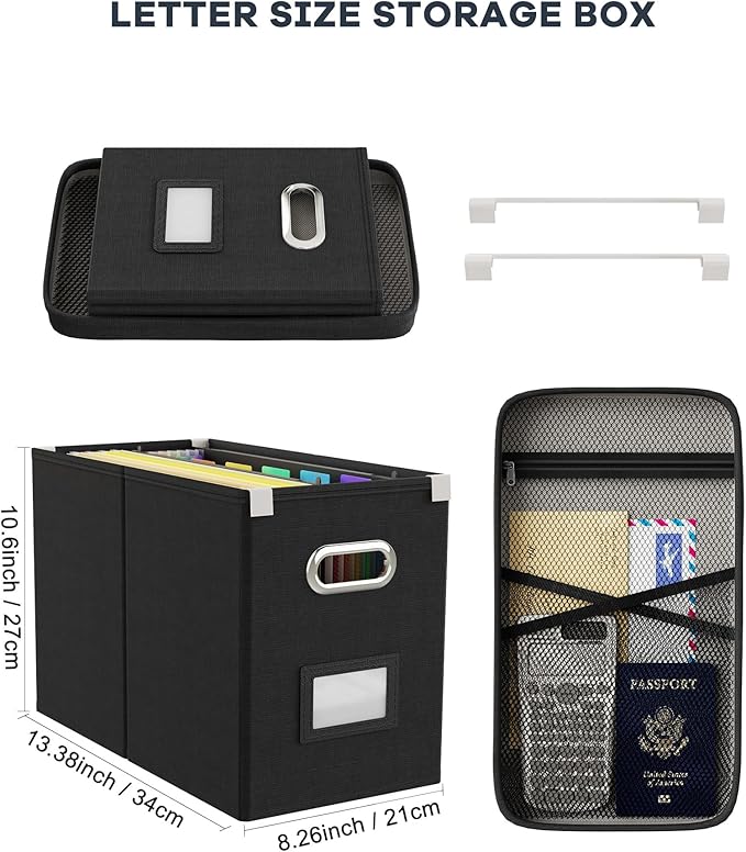 Oterri File Organizer Box with Lid, Hanging Filing File Box with Mesh Pocket, Document Organizer Box for Letter Files, Portable Storage Box with Smooth Sliding Rail for Office&Home (2 PCS, Black)