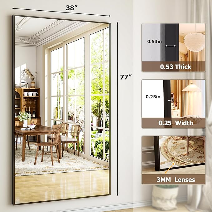 Full Length Mirror with Stand - 38"x77" Full Body Mirror for Floor, Wall Hanging or Leaning - Aluminum Alloy Frame for Living Room, Bedroom, Cloakroom - Black