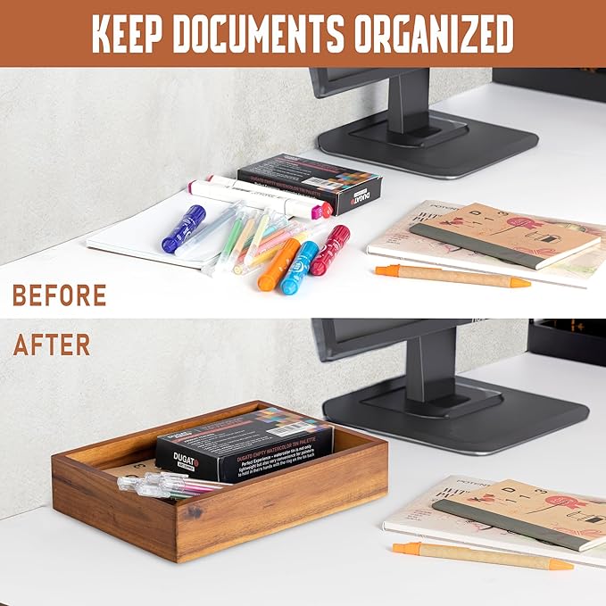 Demigo Acacia Wood Desk Organizer Tray - 9.5x6.7x2 Inch Letter & Stationery Holder for Office, Entryway, Desktop - Natural Wood Catchall for Pens, Mail, Keys