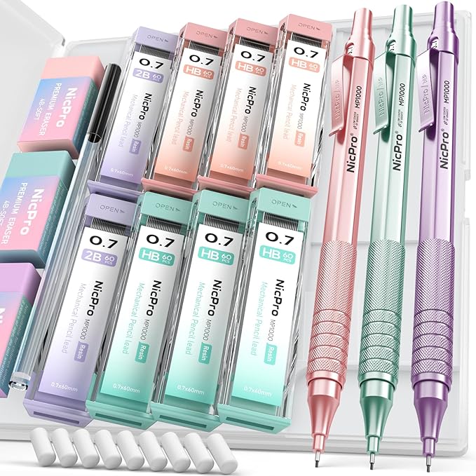 Nicpro 0.7 mm Metal Mechanical Pencil Set, 3PCS MP1000 Artist Lead Pencils With 480PCS HB 2B Lead Refills, Erasers, Pastel Aesthetic Mechanical Pencils for School Supplies Writing Drawing Sketching