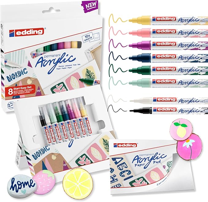 Edding Start Easy Set - Acrylic Paint Pens, Waterproof; Fine and Medium Nib, Incl. Postcard Pad - Set of 8 Pens - Nordic - For Canvas, Wood, Rock Painting