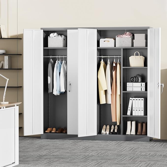 Greenvelly Metal Storage Cabinet with 2 Doors, 72” Steel Storage Wardrobe Cabinet, Employees Locker Closet Clothing Coat Steel Wardrobe Cabinet with Hanging Rod for Garage, Home Office (Grey White)