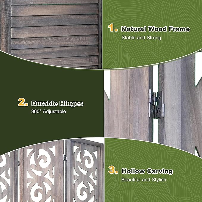 NicBex 4 Panel Room Divider 5.6FT Wood Carved Room Dividers, Folding Privacy Screens Portable Freestanding Partition Wall Dividers for Home Bedroom Office, Rustic Brown