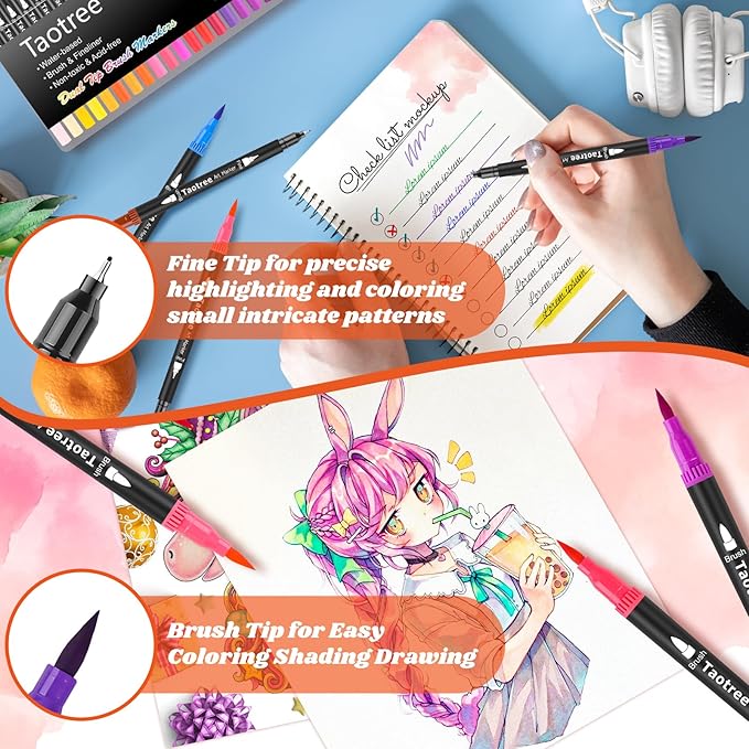 Taotree 36 Colors Dual Tip Art Markers Pens for Kids Adult Coloring Books, Artist Fine & Brush Tip Coloring Marker Drawing Pens for Journaling Note Taking Lettering Calligraphy Craft Art Supplies Set