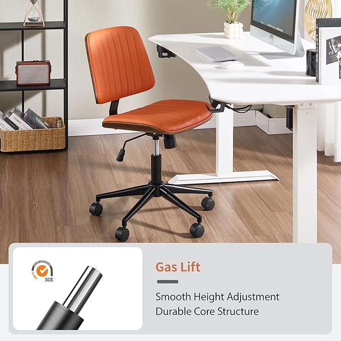 Small Home Office Chair - Armless Mid Back Desk Chair with 360° Swivel and Wheels, PU Upholstered Height Adjustable Modern Walnut Computer Chair for Home, Office Meeting Room - Orange