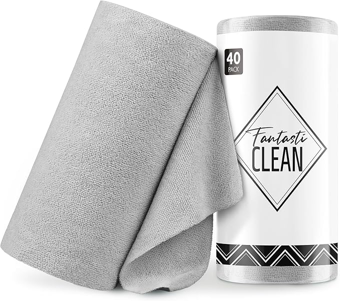 Fantasticlean Microfiber Cleaning Cloth Roll -40 Pack, Tear Away Microfiber Towels, 12" x 12", Reusable, Washable, Scratch Free, Ultra Absorbent Dish Rags for Car, Home, Garage or Shop (Grey)