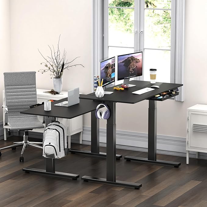 SHW 48-Inch Electric Height Adjustable Standing Desk with Drawer, Memory Preset and Cable Management Tray, Black