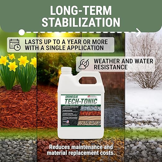 Ground Glue Tech-Tonic Landscape Adhesive for Rock, Mulch, and Sand, Weatherproof Long-Lasting Stabilizer for Trails & Slopes, Pet-Safe Binder for Pea Gravel, Bark & Flower Beds, 32 Fl. Oz.