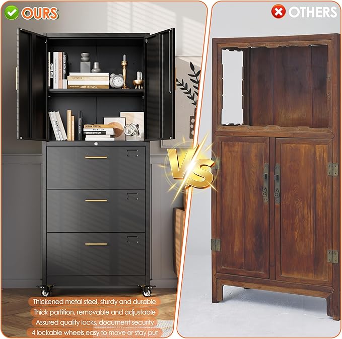 Aobabo Metal 3 Drawers Lateral File Storage Cabinet and Unit Adjustable Shelf Organizer, Steel Files Cabinet with Wheels, 2 Door Storage for Office Legal/Letter A4 Size, Assembly Required, Black