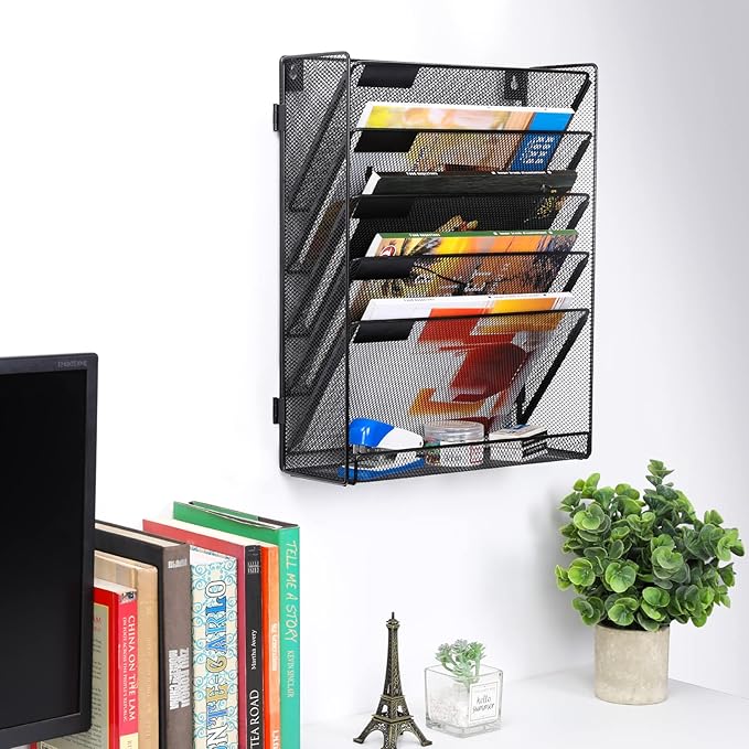 EasyPAG 6 Tier Wall File Holder with Flat Tray, Black | Easy Assemble Mesh Desk File Organizer | 5-Folder Paper Storage | Replaceable Classify Labels | Space Saving Mail Organizer for Office Home
