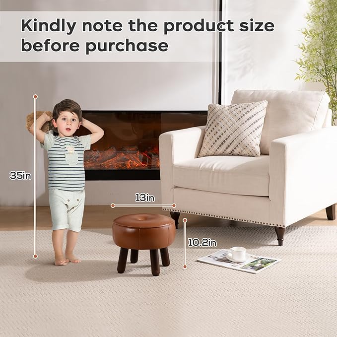 Small Foot Stool, Round Faux Leather Pouf Ottoman Foot Rest, Footstool Ottomans with Rubber Legs Under Desk, 13''L x 13''W x 10.2''H, Footrest for Couch, Living Room, Bedroom, Hallway, Brown