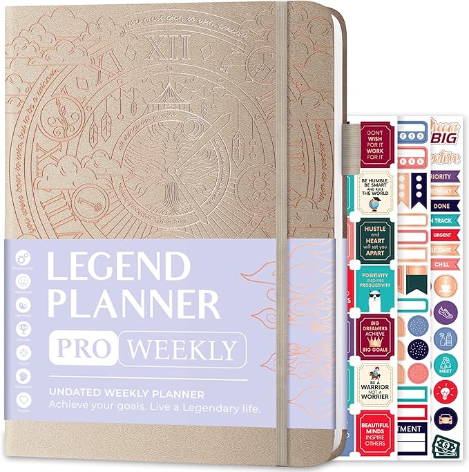 Legend Planner PRO – Deluxe Weekly & Monthly Life Planner to Increase Productivity and Hit Your Goals. Time Management Organizer Notebook – Undated – 7 x 10" Hardcover + Stickers – Seashell