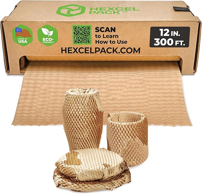 HexcelWrap Mini - Honeycomb Packing Paper, Eco-Friendly, Sustainable Paper Bubble Wrap for Shipping & Moving, Cushioned Packing Material in Easy Self-Dispenser Box - Natural, 12" x 300'