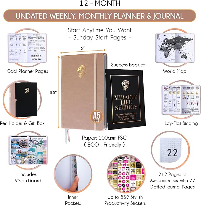 Hourly Planner - Undated Daily, Weekly & Monthly Planner with Budget Section | A 12 Month Journey to Increase Productivity & Happiness | Life Organizer & Gratitude Journal - Vertical Format