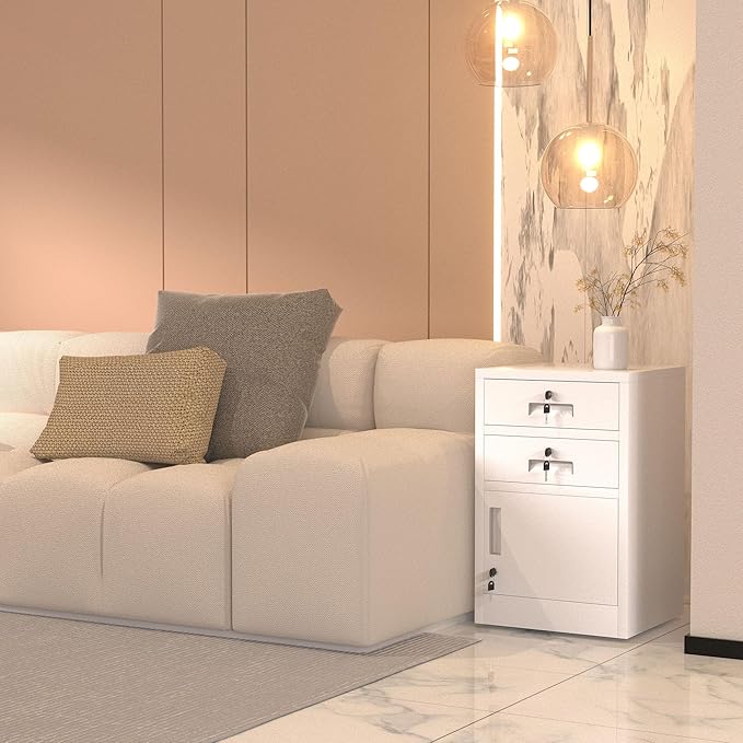 Metal Storage Cabinet with Locking Door and 2 Lockable Drawers for Home Office Bedroom Living Room (White)