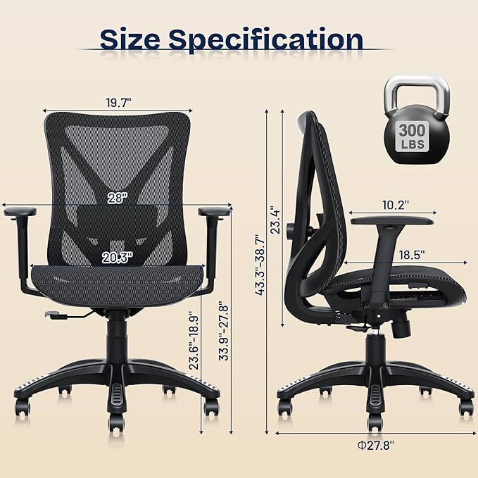 Ergonomic Office Chair, Mesh Computer Desk Chairs with Adjustable Lumbar Support, 3D Armrests, Tilt Function, Comfy Wide Seat, Swivel Executive Work Task Chair for Company and Home