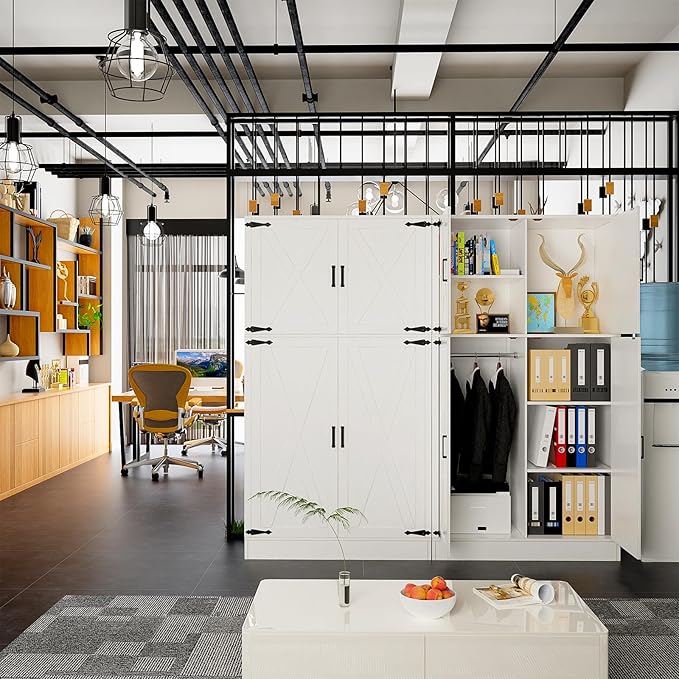 Unikito 71'' Farmhouse Wardrobe Closet with Hanging Rod, 4 Barn Door Clothing Storage Cabinet with Adjustable Shelves, Freestanding Wardrobe Cabinet for Bedroom, Living Room, Cloak Room, Office, White