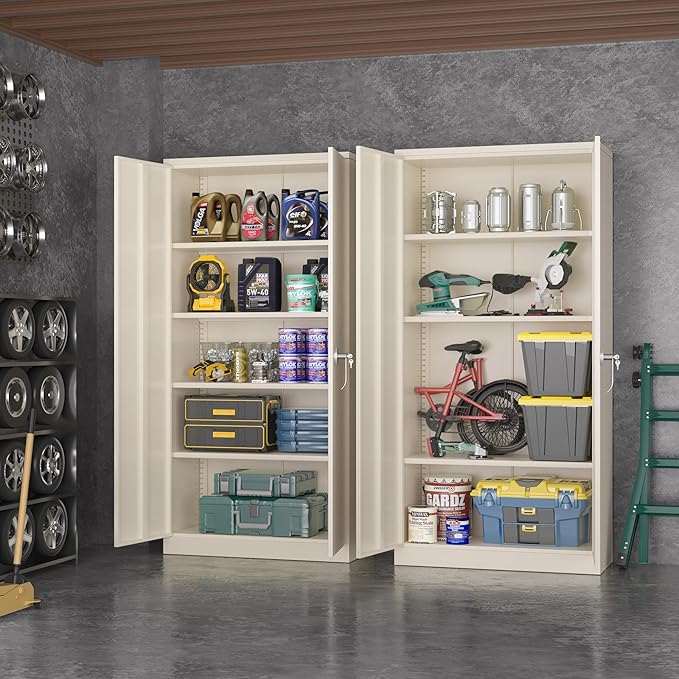 Greenvelly Garage Storage Cabinet,72" Metal Cabinet with 2 Doors and 4 Shelves,Steel File Cabinet for Home Office, Garage, Classroom（Grey 36" X 18"）