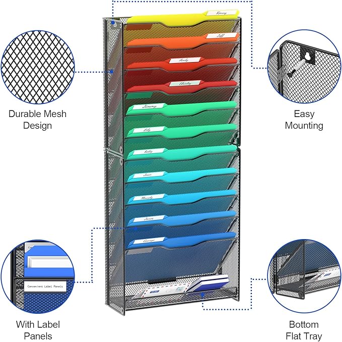 samstar 12 Tier Wall File Organizer, Hanging Wall Mount File Holder Paper Folder Mail Organizer, Mesh Metal, Black.