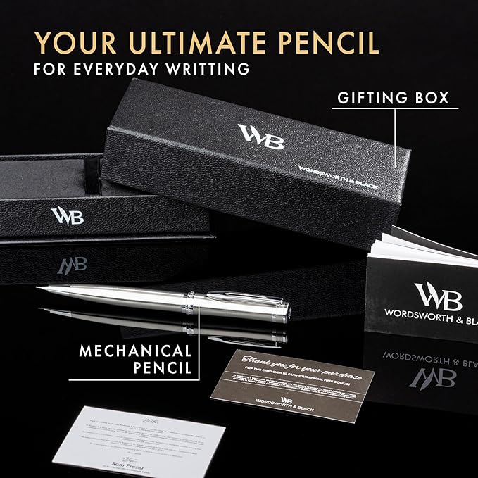 Wordsworth and Black Mechanical Pencil Graphite Lead- Stunning Luxury Metal Pencil, Silver Chrome Finish, 0.7mm Led, Best Gift Set for Men & Women, Professional Executive Office Pencils