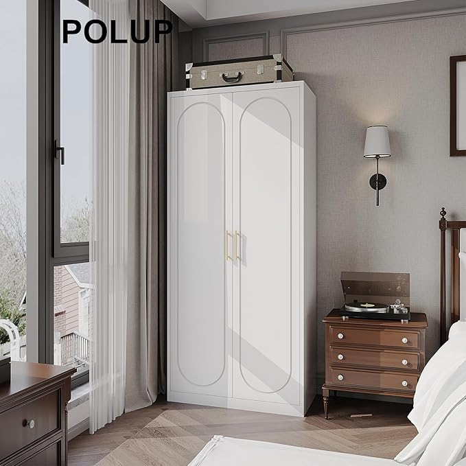 Metal Wardrobe Cabinet for Hanging Clothes, 71" Tall Armoire Wardrobe Closet with Hanging Rod, White Clothing Storage Cabinet with Doors and Shelves, Large Closet for Bedroom-Assemble Required