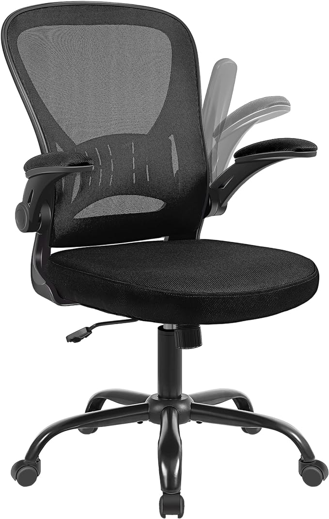 Mesh Office Chair, Ergonomic Home Office Desk Chairs with Flip-up Arms and Lumbar Support, Height Adjustable, Black