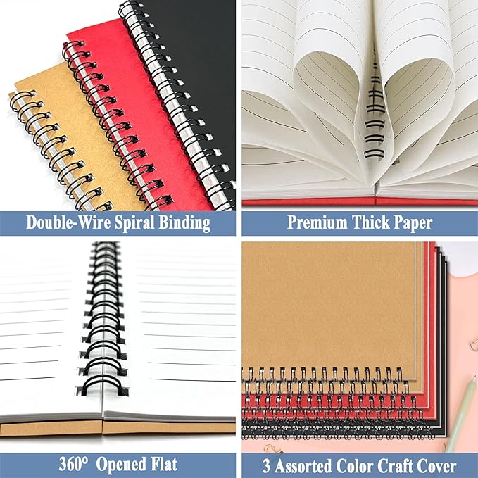 GINMLYDA Small Spiral Notebook A5, 6Pack 120 Lined Pages 8.25x5.5 Inches Spiral Journal Kraft Cover Notebooks & Writing Pads for School Home Office Aesthetic Sketch Drawing Note
