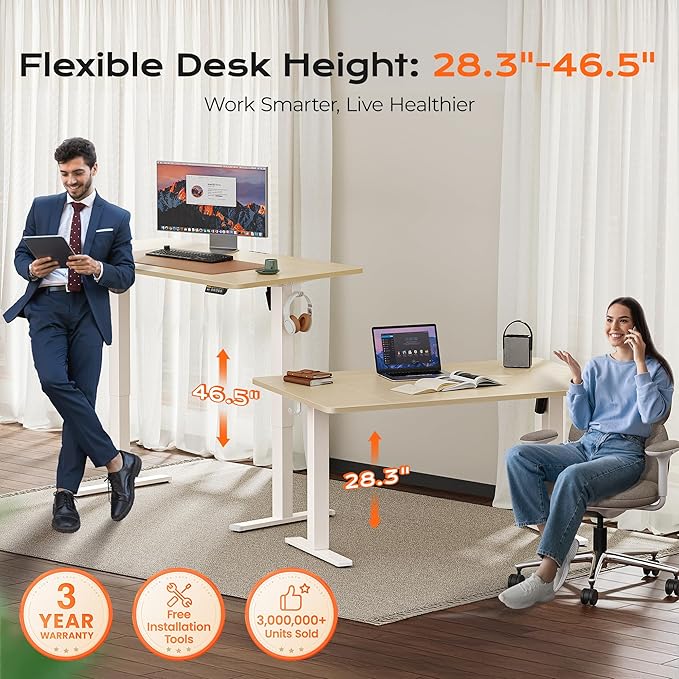 Huuger 55 x 28 Large Electric Standing Desk, Height Adjustable Desk, 27.6" Deep Desktop, Stand up Gaming Computer Office Desk with 2 Hooks, 3 Preset Heights, for Home Office, Natural