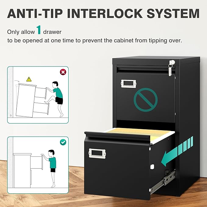 SISESOL 2 Drawer File Cabinet with Lock,Narrow Vertical Filing Cabinet,Under Desk File Cabinets,Black Metal File Cabinets for Home Office,Fit Letter Size,Files Folder,Easy Assemble