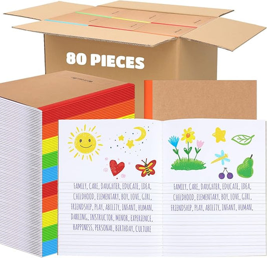 Henoyso 80 Pcs Primary Composition Notebook for Kids 9.75 x 7.5 Inch K-2 Primary Writing Journal with Rainbow Spine 60 Pages Draw and White Journal for Student Back to School Supplies