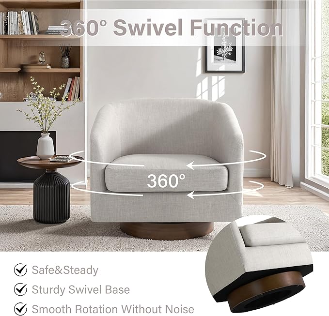 UIXE Swivel Accent Chair with Wood Base, Fabric Upholstered Barrel Chairs for Living Room, Comfy Round Armchair Single Sofa Bedroom Reading Seat - 31" W, Khaki