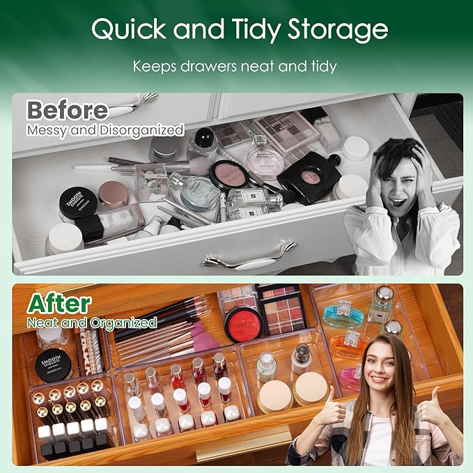 Criusia Drawer Organizer Set, Acrylic Non Slip Non Cracking Kitchen Drawer Storage Tray Large Size Divider, Multifunctional Storage for Cosmetics, Bathroom, Tools, Kitchen and Office (8 PACK)