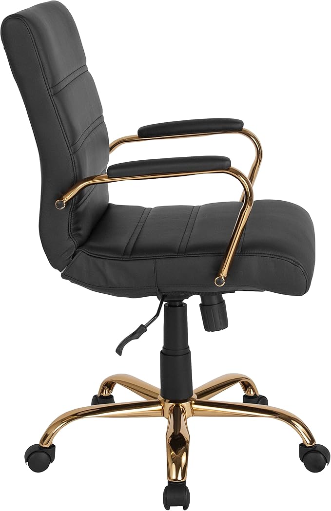 Flash Furniture Whitney Mid-Back Swivel LeatherSoft Desk Chair with Wheels, Padded Seat and Armrests, Adjustable Height Padded Office Chair, Black