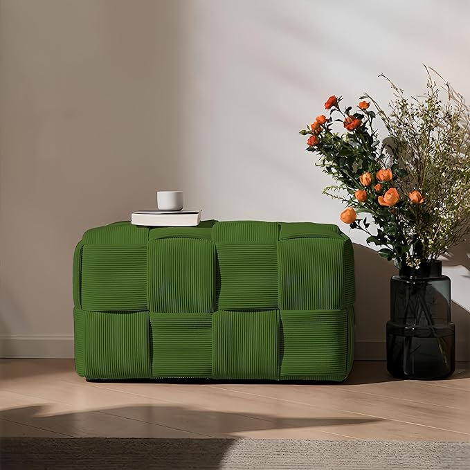 Ottoman Foot Rest Soft and Comfortable Ottoman Square Corduroy Woven Design Sofa Stool (Green-L)