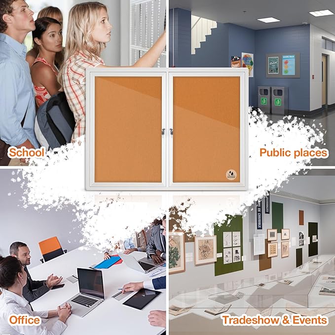 Lockable Outdoor Enclosed Bulletin Board, Weatherproof Cork Noticeboard with Locking Door, Wall-Mounted Aluminum Framed Display Case for Messages,36x24in (5xA4) (Silver Frame & Cork, 44x32 in)