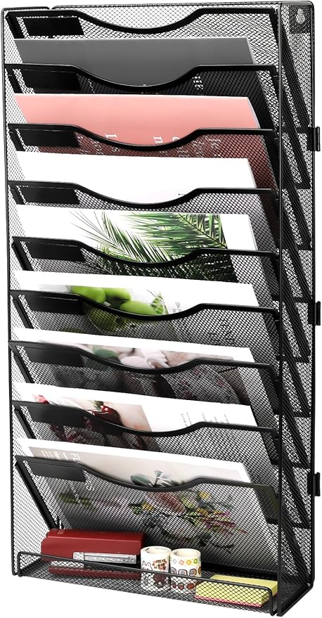 EasyPAG 10 Tier Wall File Holder with Flat Tray, Black | Easy Assemble Mesh Desk File Organizer | 9-Folder Paper Storage | Replaceable Classify Labels | Space Saving Mail Organizer for Office Home