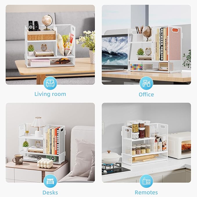 Marbrasse 3-Tier Desk Shelf Organizer with Handle, Desktop Bookshelf File Holder, Mesh Display Shelf Organizer Storage Rack for Office, Home, Supplies, Kitchen (White)